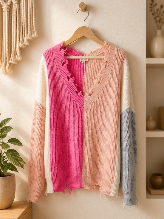 1.4.3. Story by Line Up Sweaters - Colorblock Distressed V-Neck Sweater - Pink & Peach